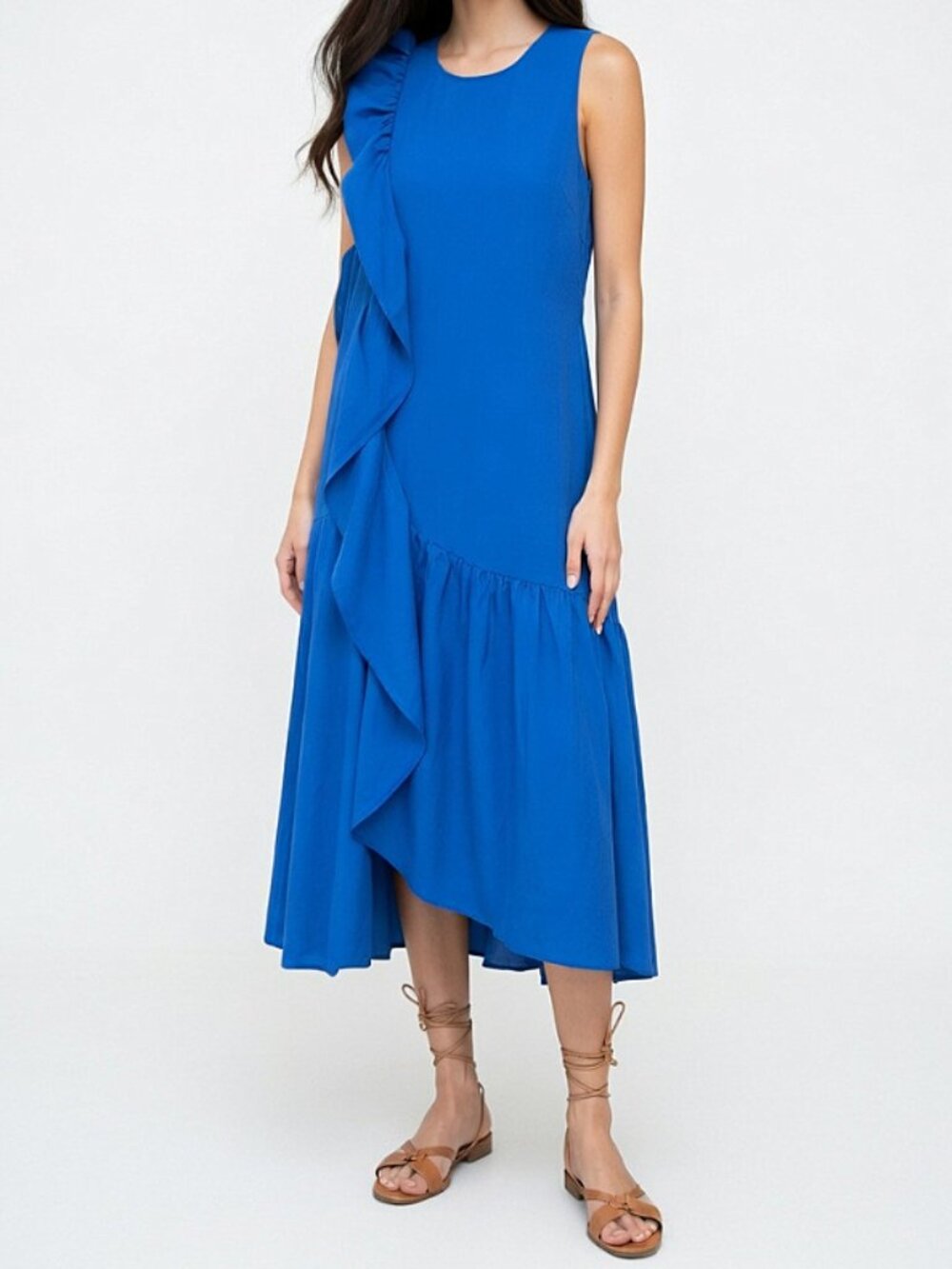 Psophia Vazquez De Castro Cotton Poplin Side Ruffle Sleeveless Midi Dress